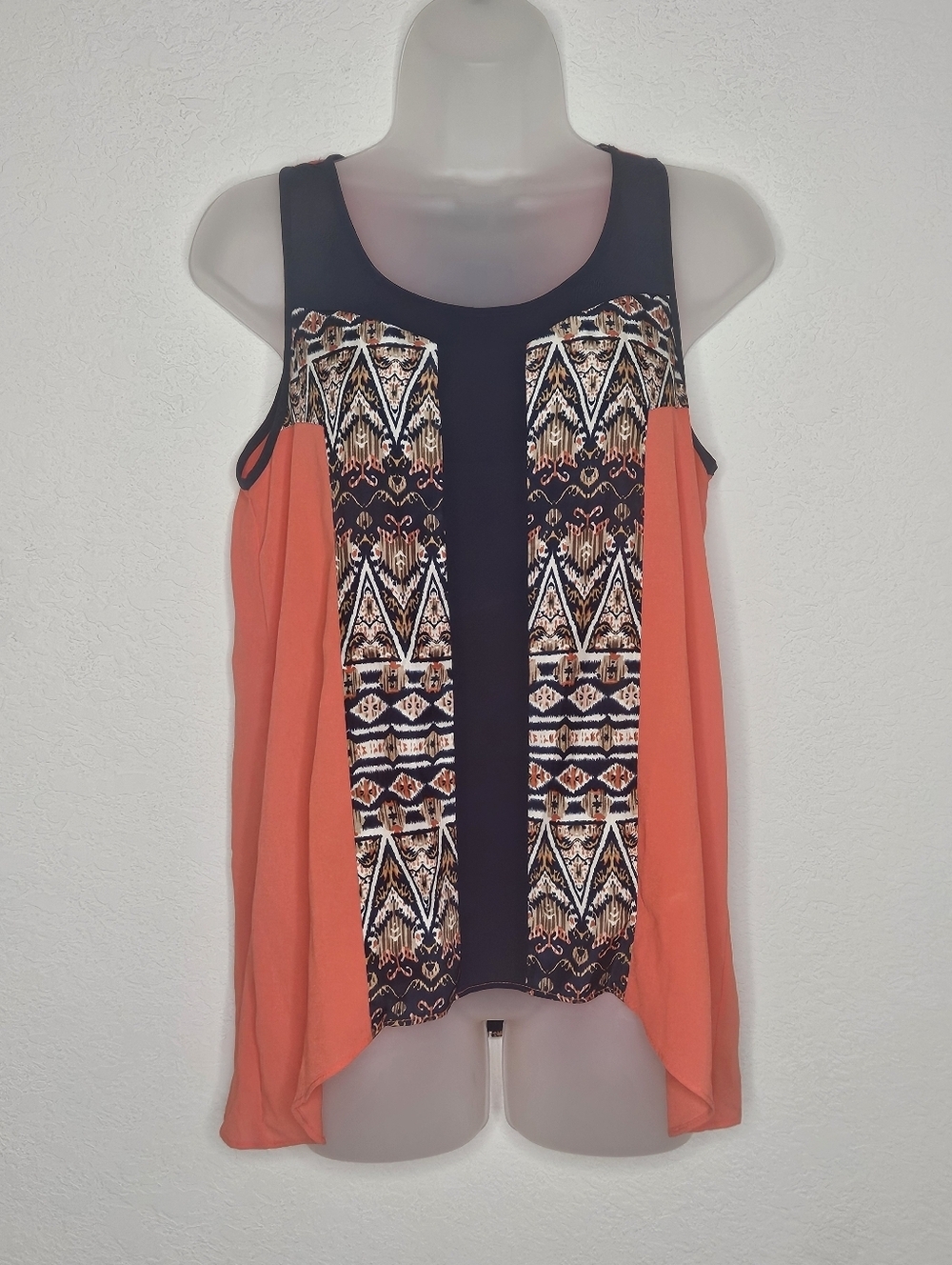THML Mixed Media Orange Navy Tribal Print Asymmetrical Flowy Blouse Tank